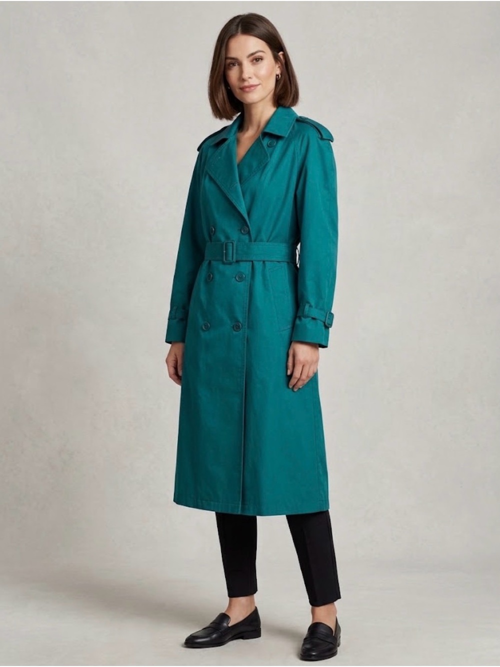 Vintage Worthington Petite double-breasted trench coat, teal, 4P